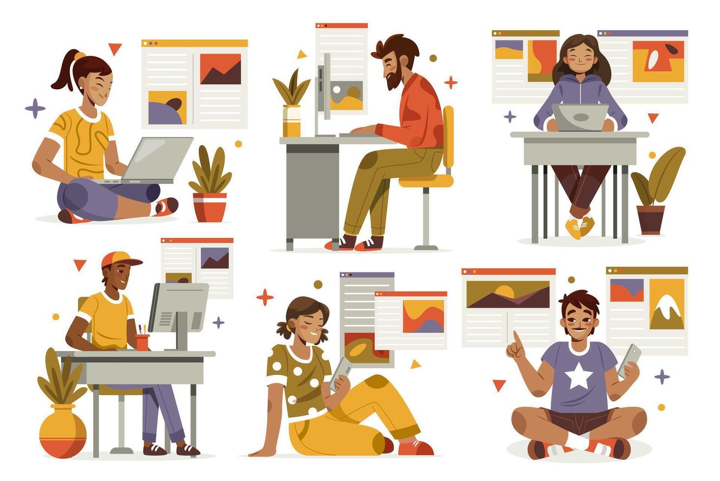 Blogger Hand Drawn Flat Composition Collection vector