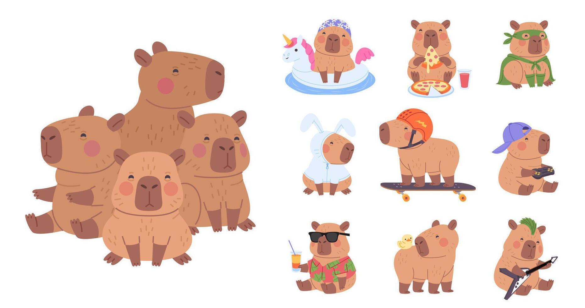 Cute Flat Capybara Icon Collection vector