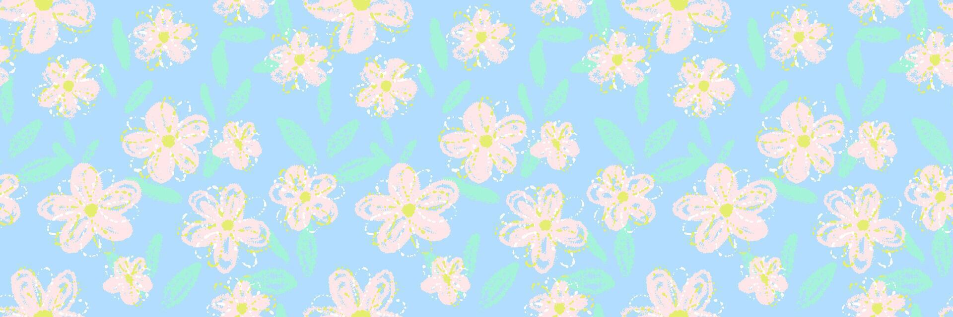 Seamless pattern with soft pastel flowers and mint green leaves on a light blue background. Hand drawn crayon texture gives a dreamy, childish and fresh springtime feel vector