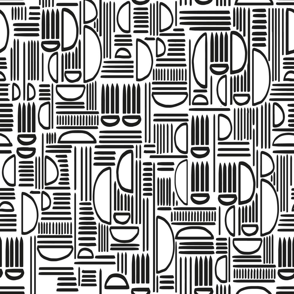 Seamless geometric pattern with hand drawn shapes and lines. Modern tribal style in white and black. Template for textile, wrapping paper, stationery, backgrounds, and decor vector