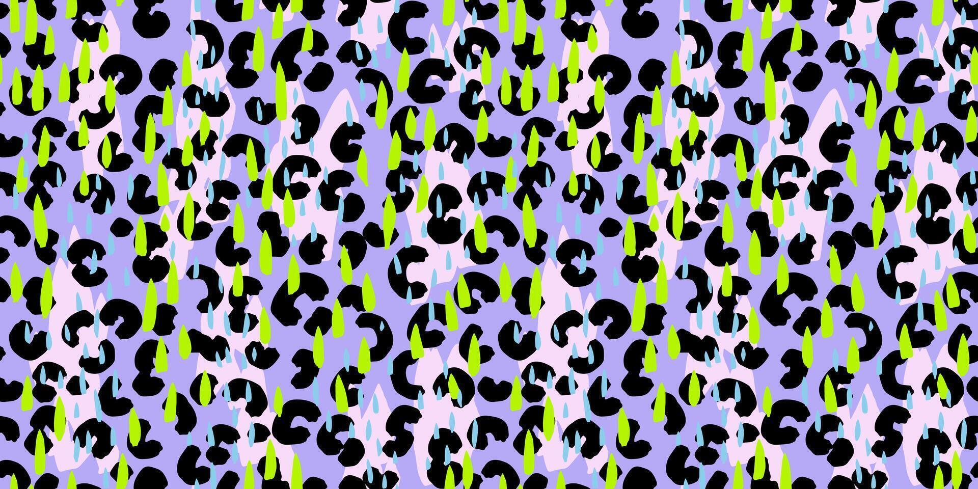Stylish seamless pattern with abstract leopard spots and green raindrop shapes on violet, purple background. Bold and playful design for fashion and modern textile prints vector