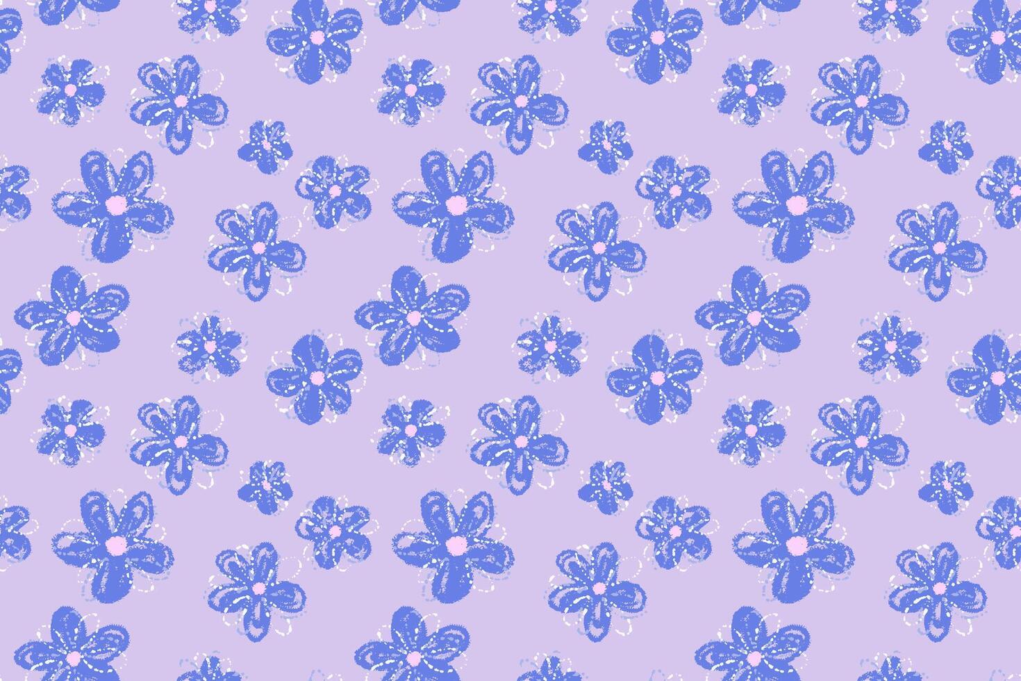 Seamless floral pattern with playful blue crayon style flowers on a pastel purple, violet background. Fun, cheerful, and artistic design for kids products, fabrics, and stationery vector