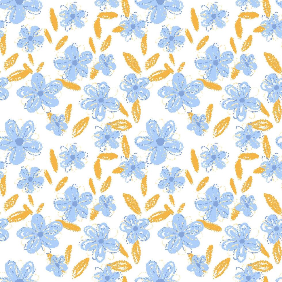 Seamless pattern with light blue crayon style flowers and yellow leaves on a light background. Playful and soft design for kids, textiles, wrapping paper, summer and spring themes vector
