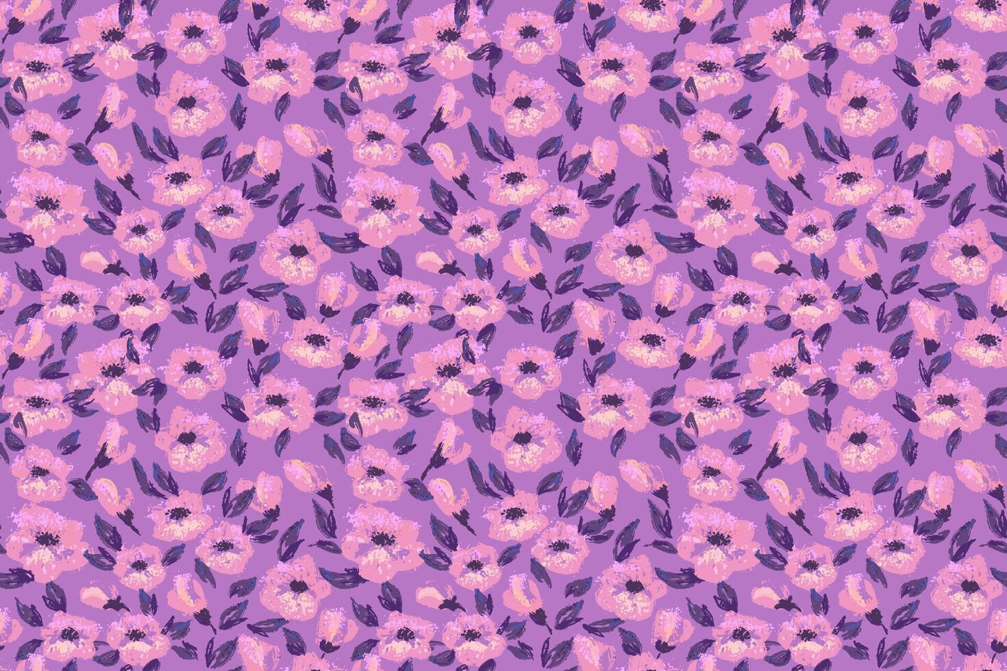 Seamless floral pattern with expressive purple brushstroke flowers on a violet, lavander background. Artistic and bold, template for fabric, fashion design, and surface prints vector