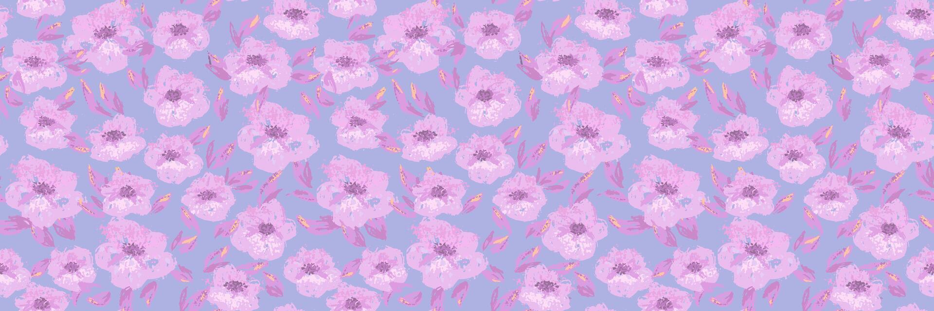 Seamless pattern with expressive violet flowers and purple leaves in a painterly style. Pastel template for textiles, packaging, wallpapers, and summer themed designs vector