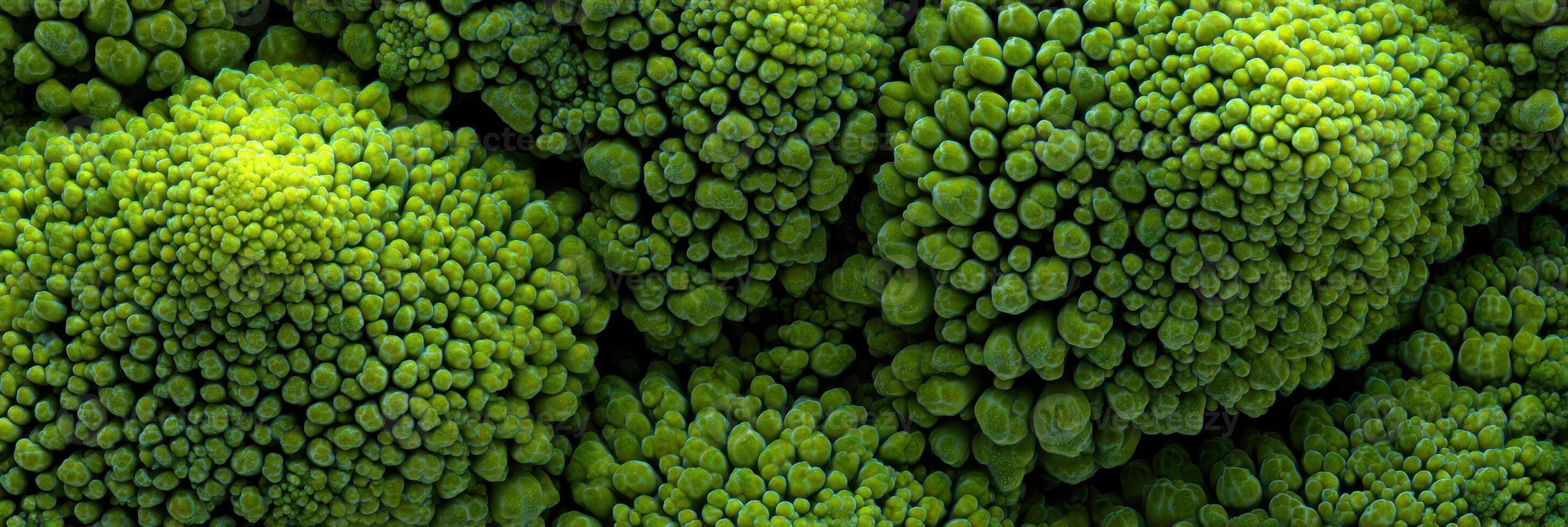 Macro Shot Captures Intricate Texture of Fresh Broccoli Florets Showcasing Vibrant Green Hues and Unique Patterns on a Smooth Surface photo