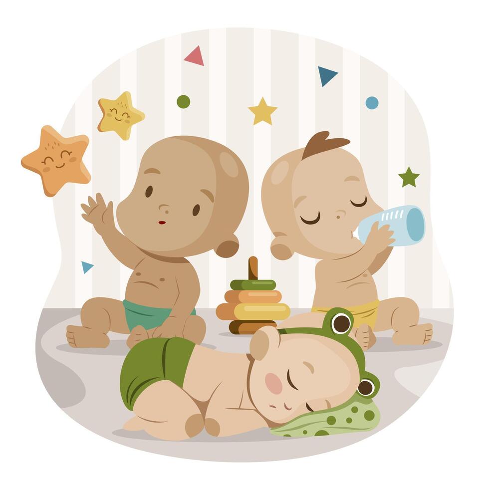 Cute Three Little Babies Flat Illustration vector