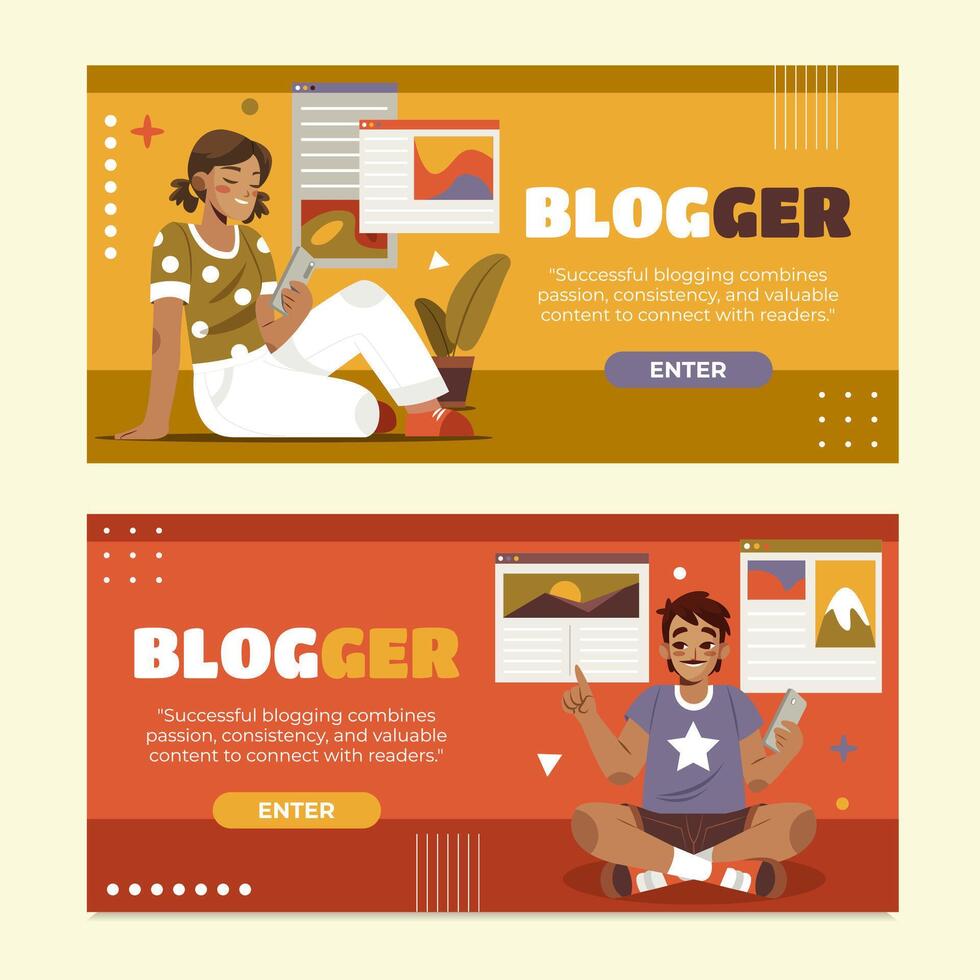 Blogger Hand Drawn Flat Horizontal Banner Collection vector