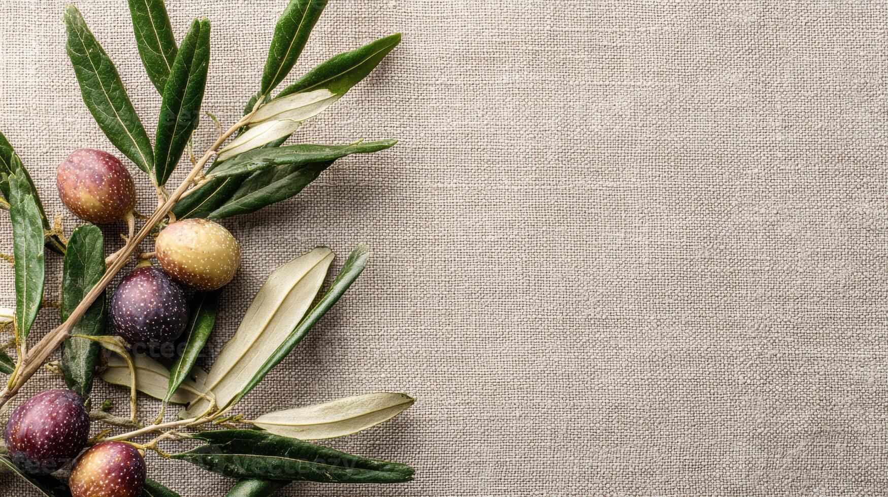 Olive Branches and Ripe Figs Arranged on Textured Linen for a Rustic Culinary Presentation photo