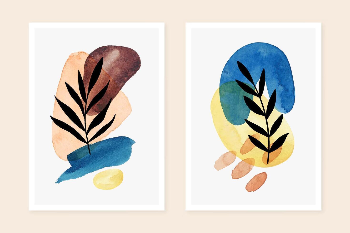Modern brush stroke and watercolor stains art posters set. Minimalist wall art poster design. Mid century covers with watercolor paint stains and leaves. vector