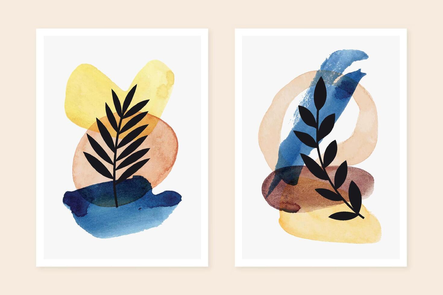 Elegant watercolor art posters set. Minimalist modern wall art poster design. Mid century covers with watercolor paint stains and leaves. vector