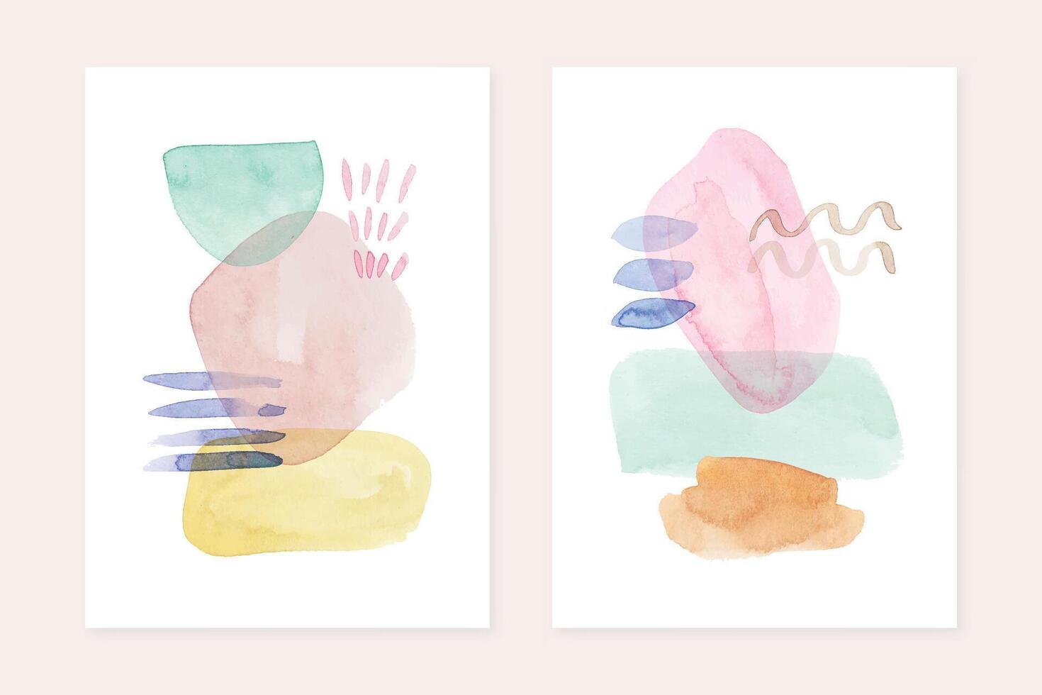 Watercolor geometric shapes, art posters set. Minimalist modern wall art poster design. Mid century covers with watercolor paint stains and leaves. vector