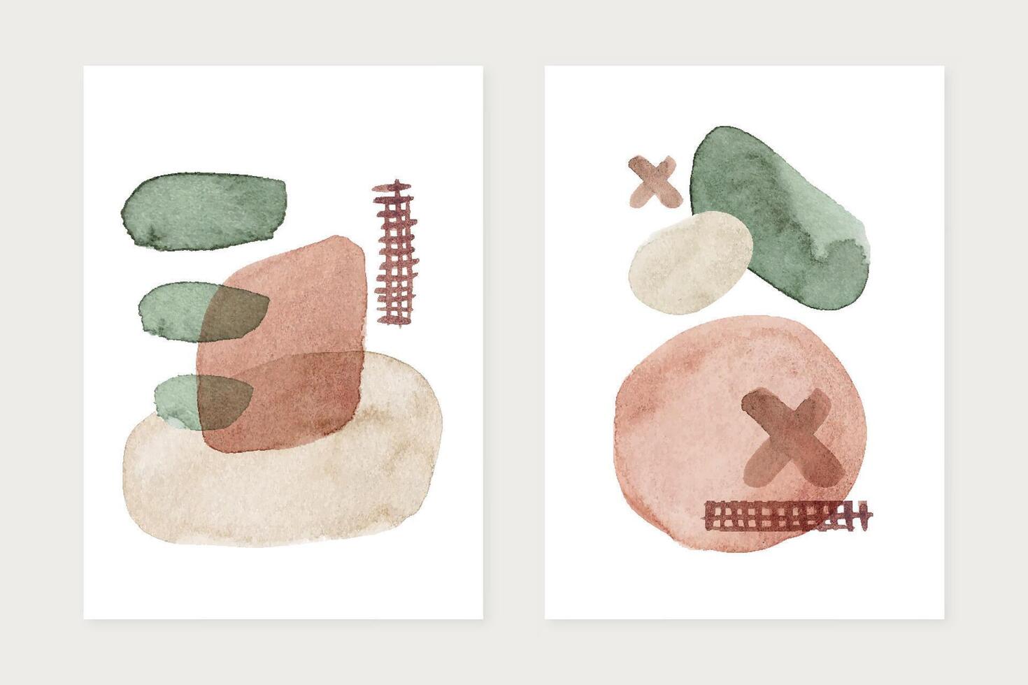Watercolor organic shapes, art posters set. Minimalist modern wall art poster design. Mid century covers with watercolor paint stains and leaves. vector