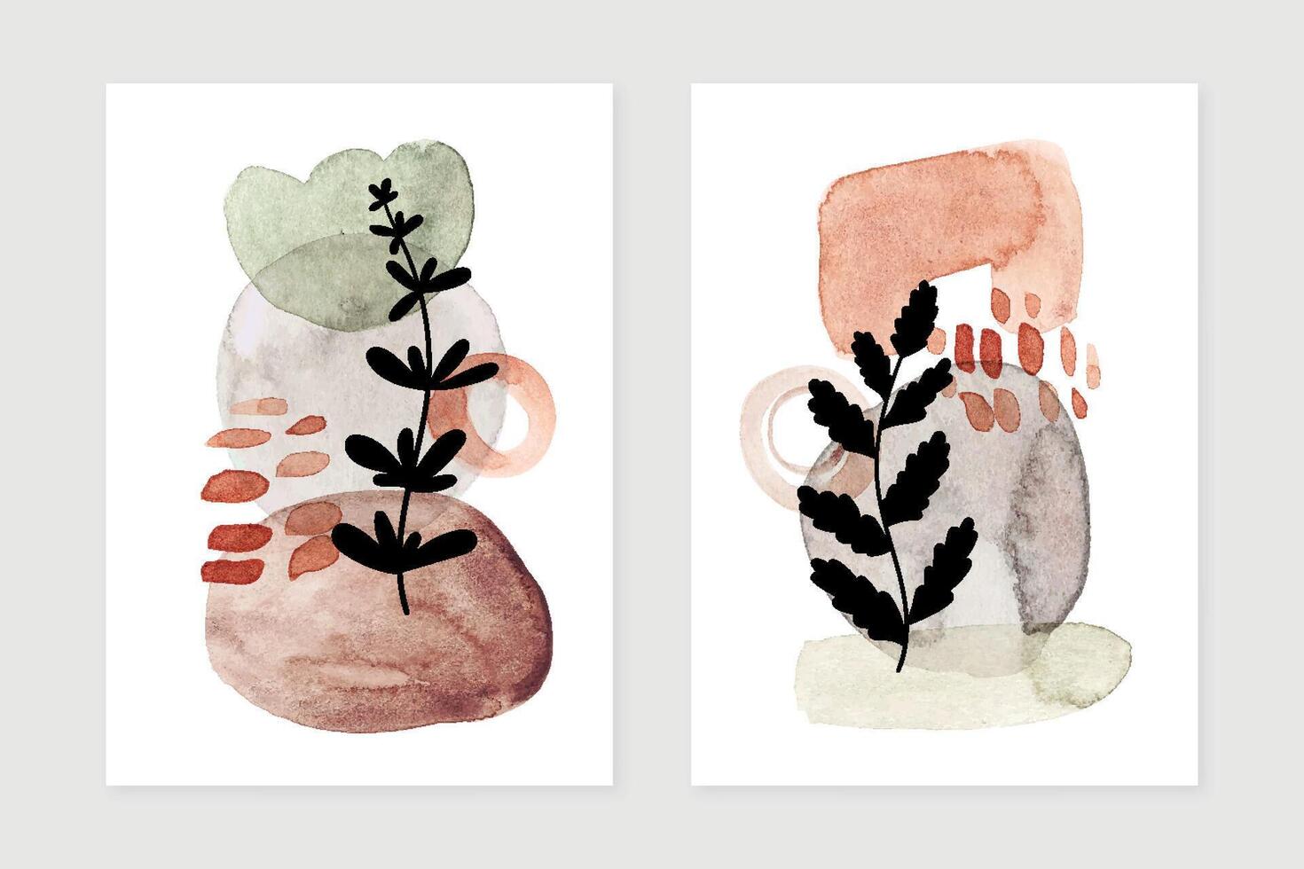 Abstract watercolor art posters set. Minimalist modern wall art poster design. Mid century covers with watercolor paint stains and leaves. vector