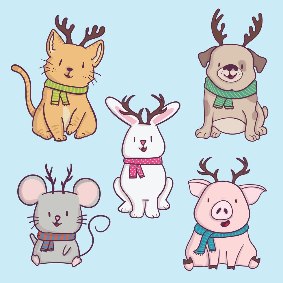 Four cute animals wearing scarves and hats vector