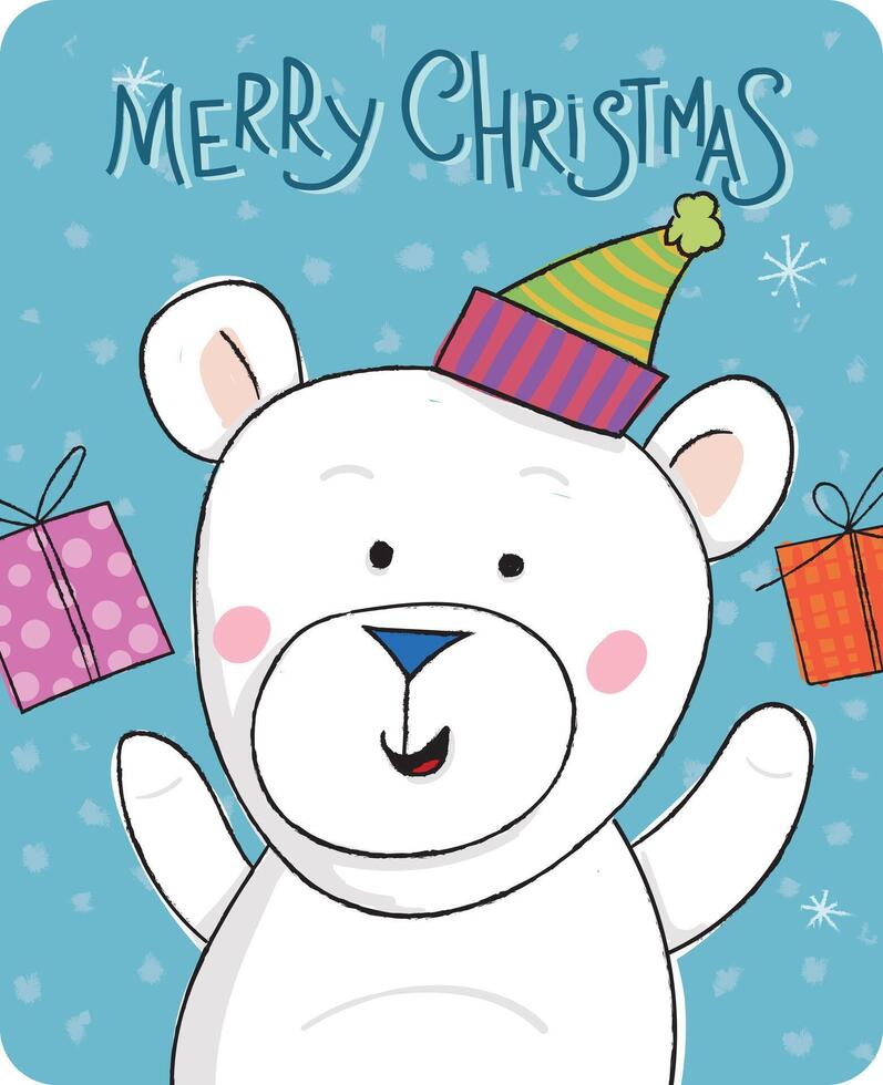 A cartoon white bear with a hat and presents vector