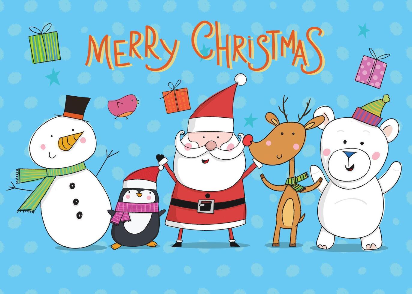 Christmas card with santa, reindeer, penguin and snowman vector