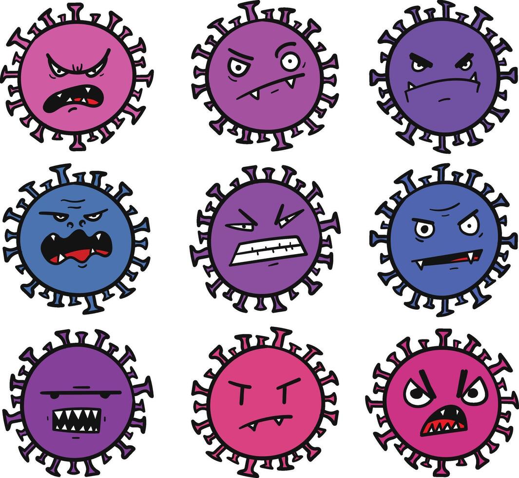 set of cartoon evil virus with angry faces vector
