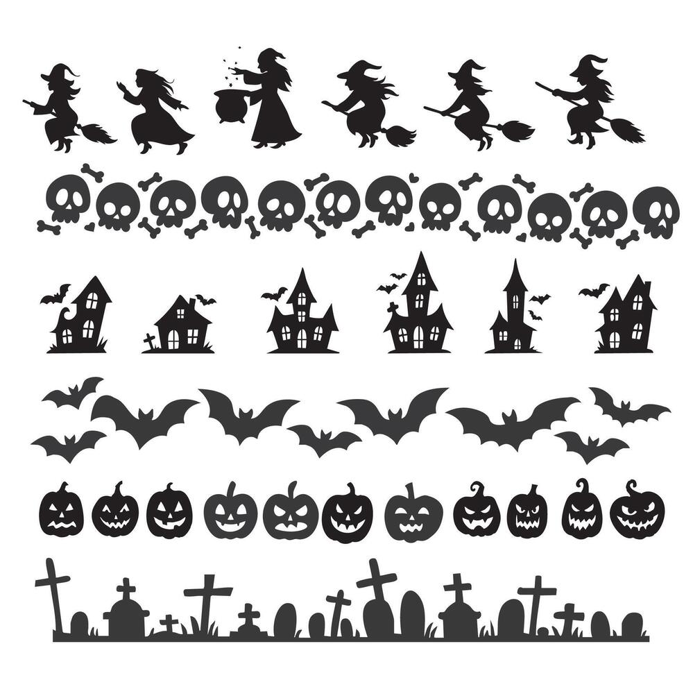 Halloween Silhouette Borders Collection, Witch, Pumpkin, Skull, Bat, Graveyard, Haunted House vector