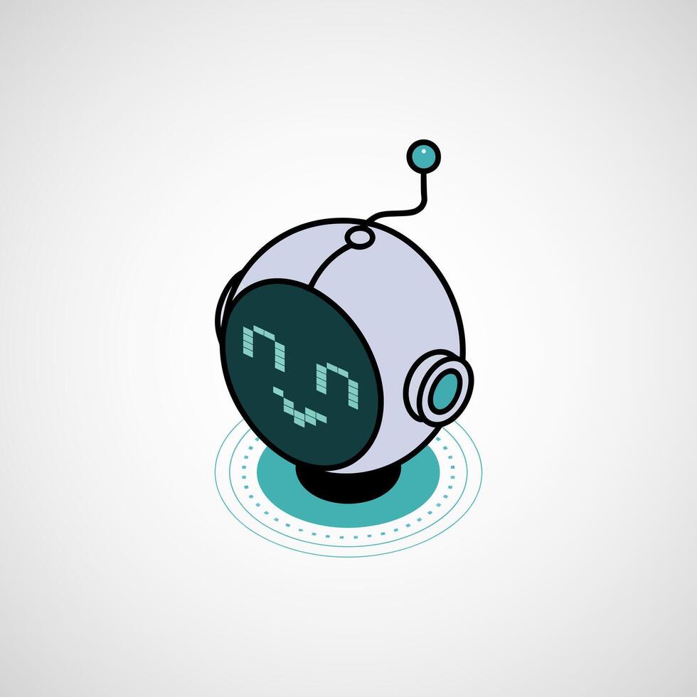 Friendly cartoon robot head with a pixelated smiley face and antenna vector