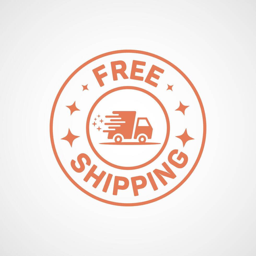 Orange free shipping stamp with truck and stars on white background vector