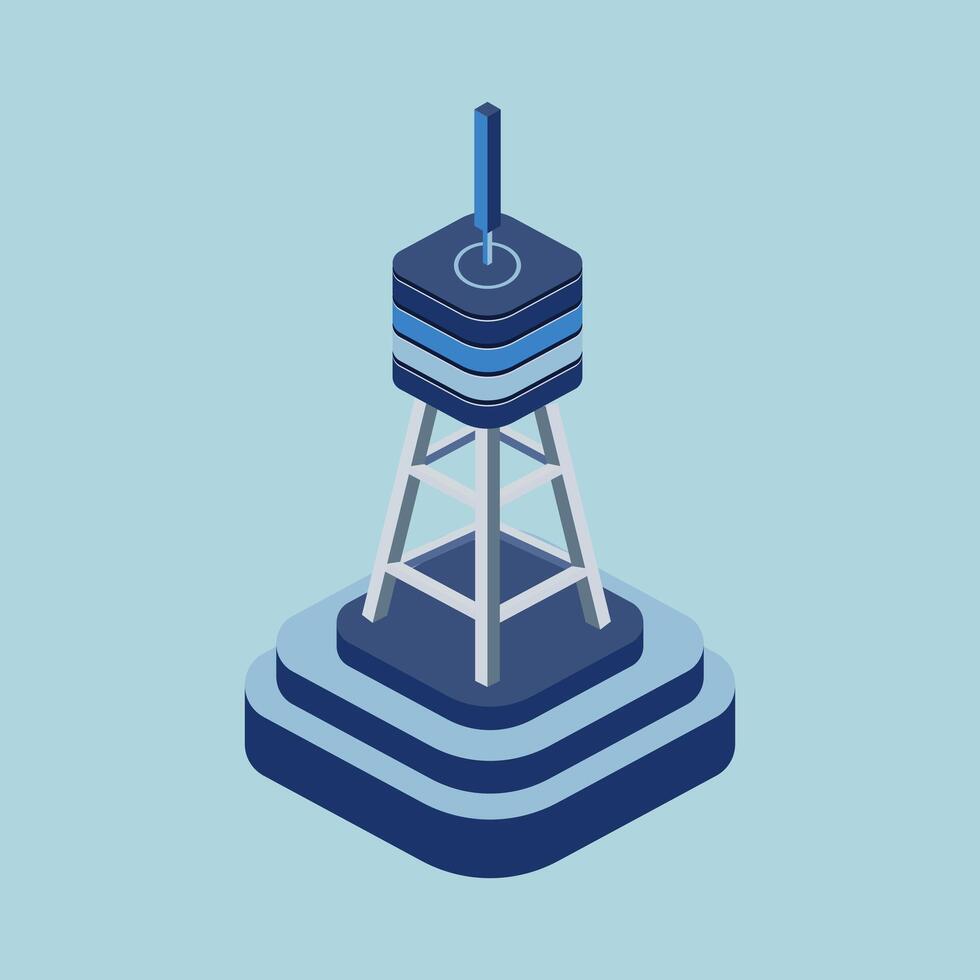 Modern abstract tower structure with layered blue elements and antenna on a pedestal vector