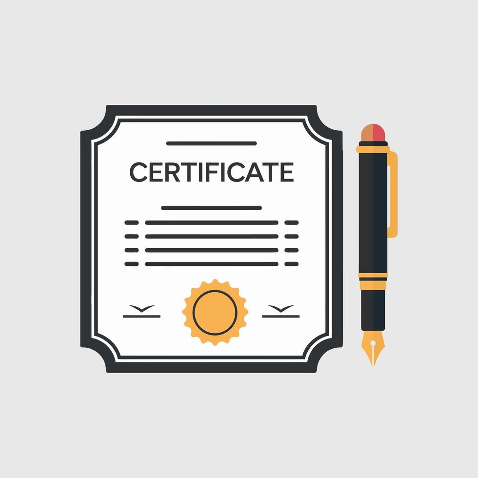 Flat design illustration of a certificate with a pen and seal vector