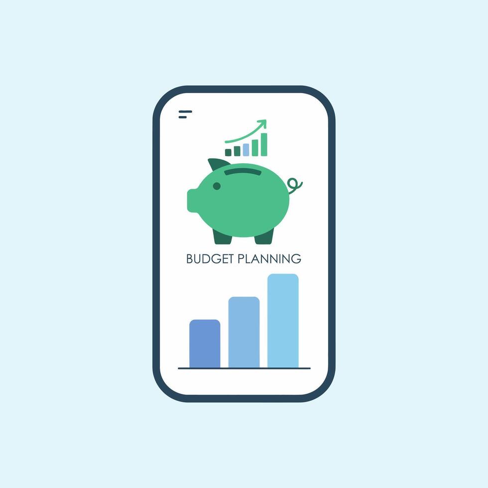 Green piggy bank with rising bar graph and budget planning text on phone screen vector