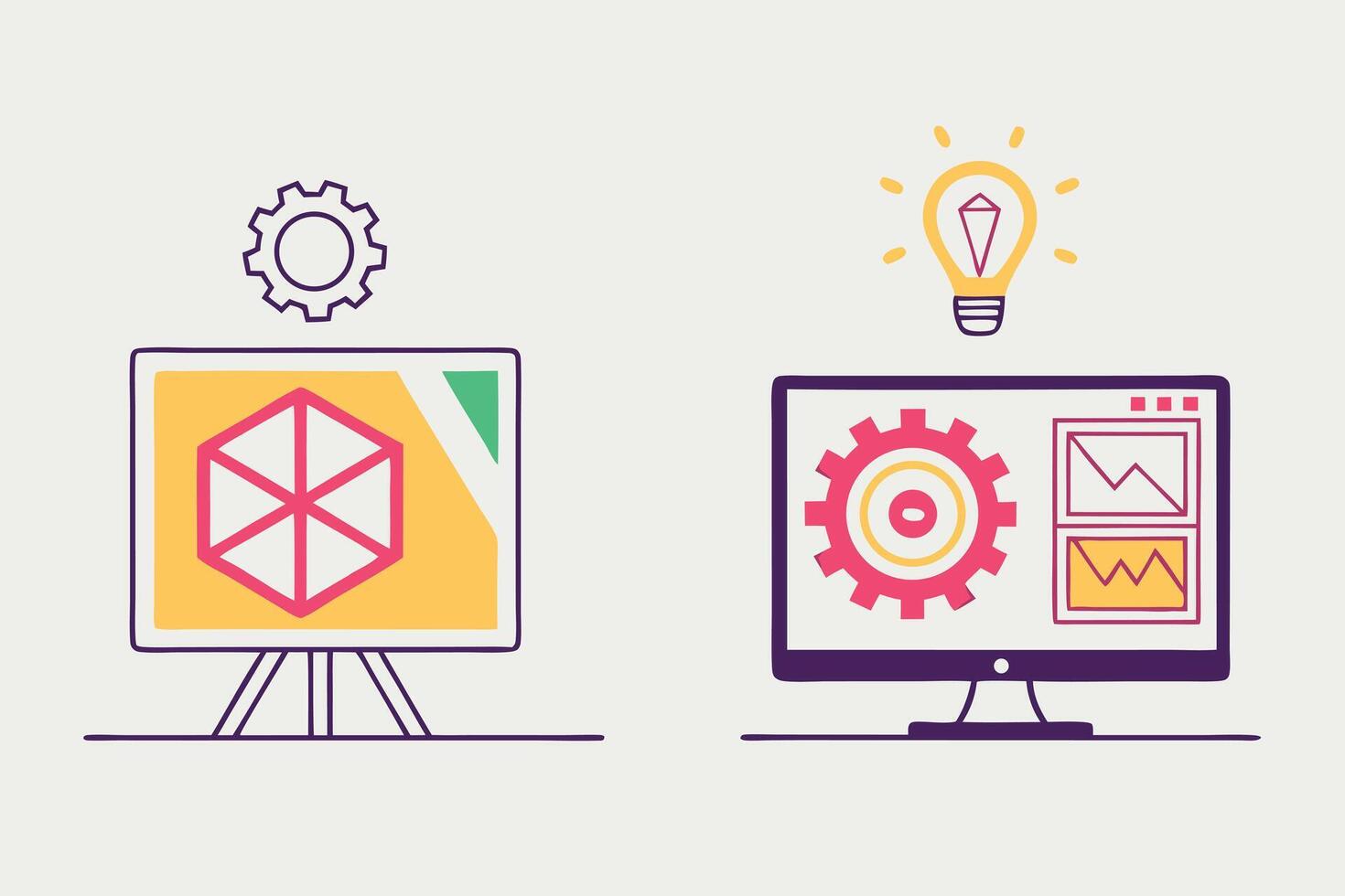 dos diferente computadora pantallas con un ligero bulbo y un cubo vector
