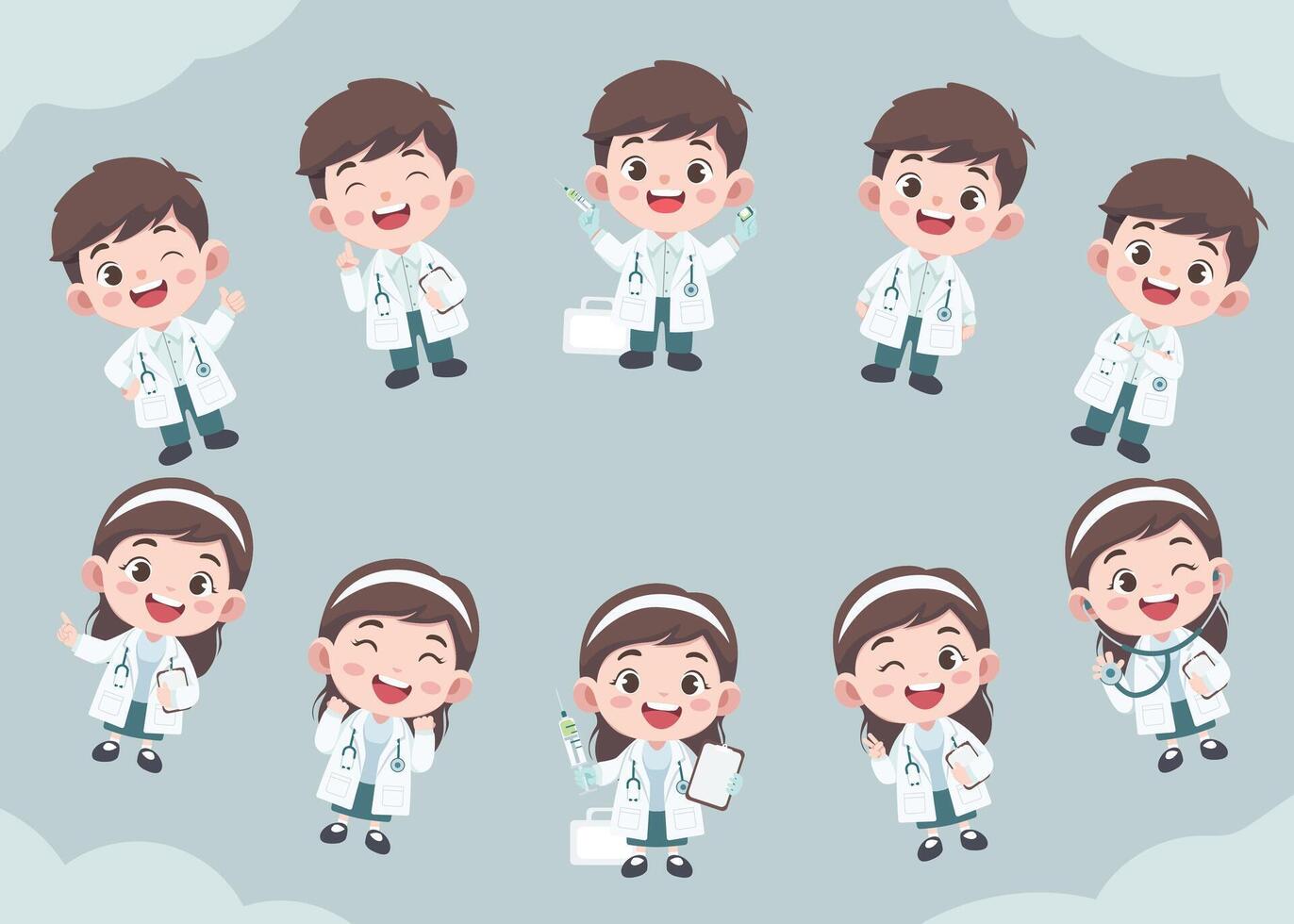 Collection of doctor activities. Flat Design illustration of cute chibi character female and male doctor vector
