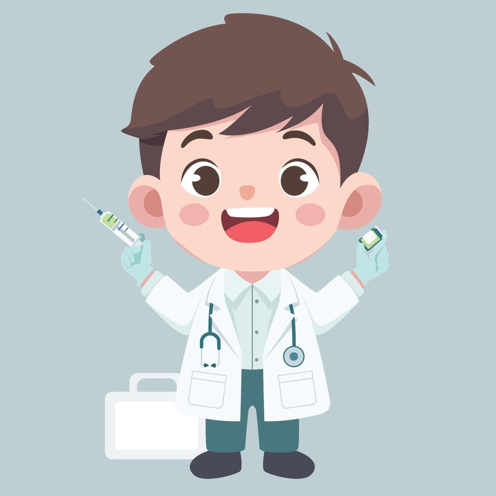 Doctor activities. Flat design illustration of cute chibi character with medicine injection and first aid vector