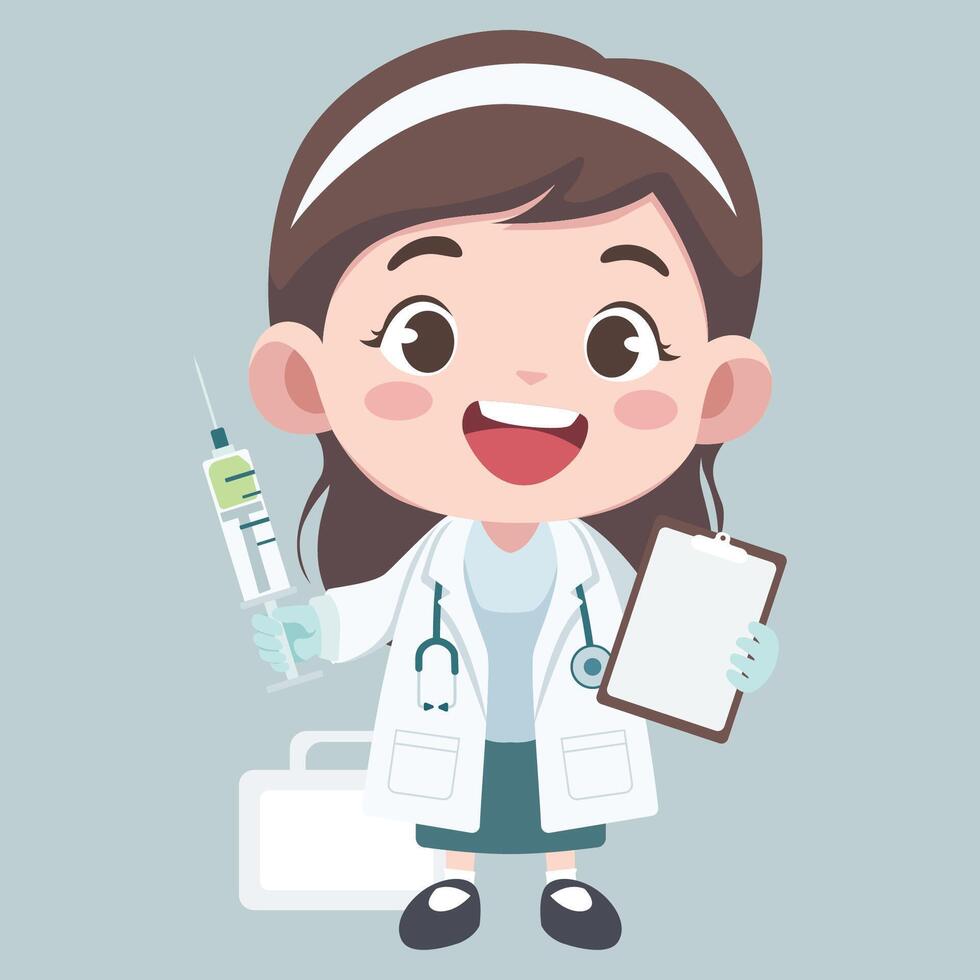 Doctor activities. Flat design illustration of cute chibi character female doctor with medicine injection vector
