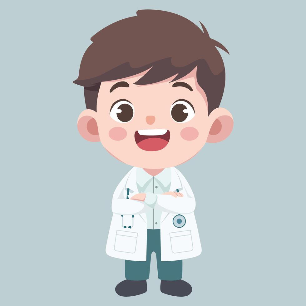Doctor activities. Flat design illustration of cute chibi character male doctor with folded hands vector