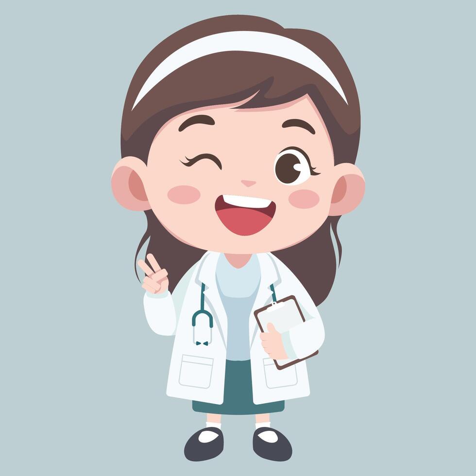 Doctor activities. Flat design illustration of cute chibi character female doctor is comforting the patient vector