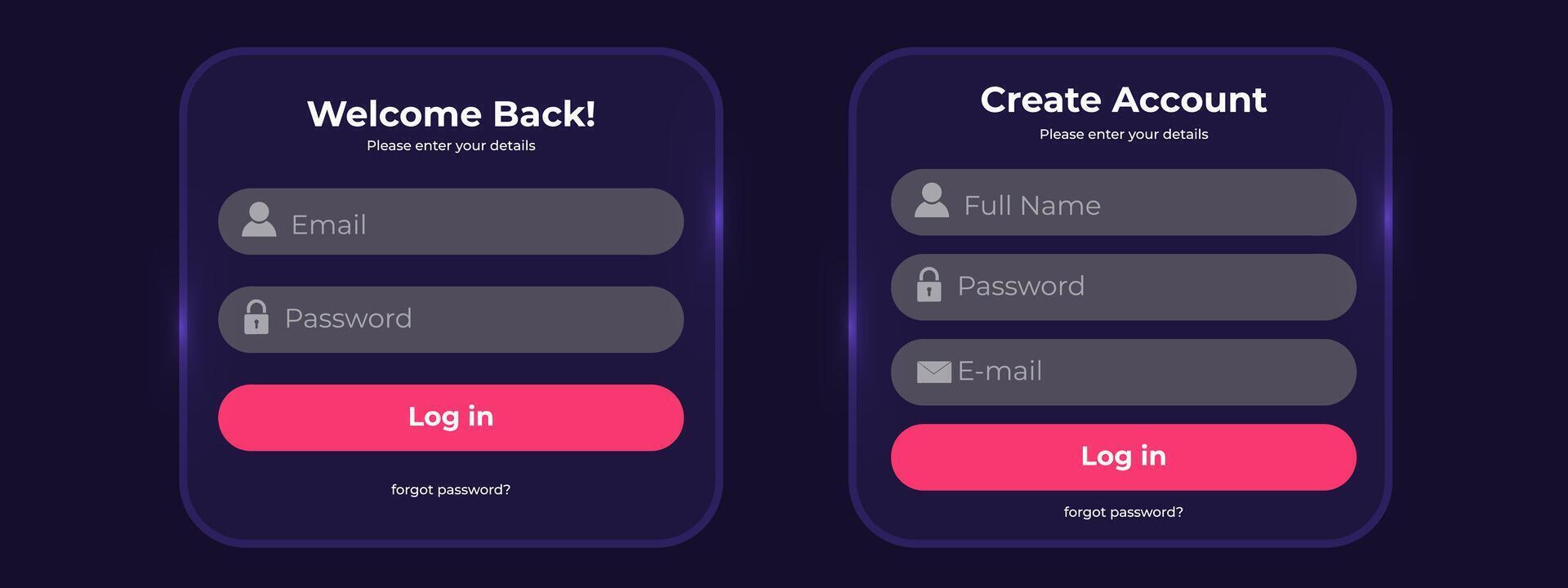 Register and login page layout with email and password fields. Registration and authorization form design. Simple and modern sign up and sign up vector