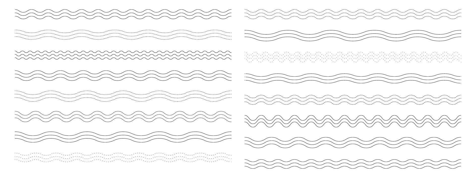 Set of corrugated wave lines. Wavy and dashed line collection on white background. vector