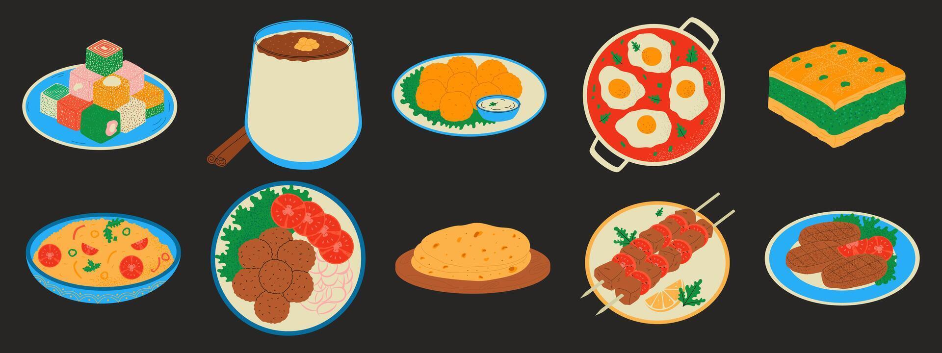 Turkish national food collection. Baklava, rahat lukum, boza, shish tawook, couscous, kofta, flatbread vector