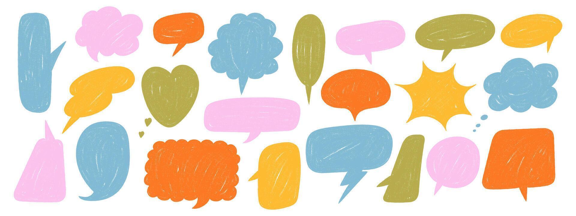 Hand drawn crayon speech bubbles set. Colorful doodle style comic talk balloons. cartoon dialog frames isolated on white background vector
