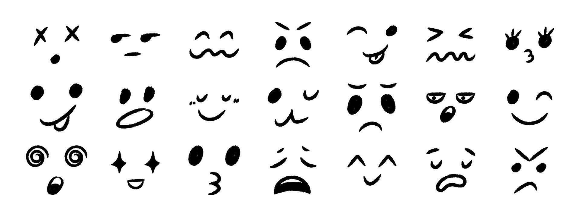 Crayon doodle emoji faces set. Hand drawn cartoon emoticons with various happy, sad, and funny expressions vector