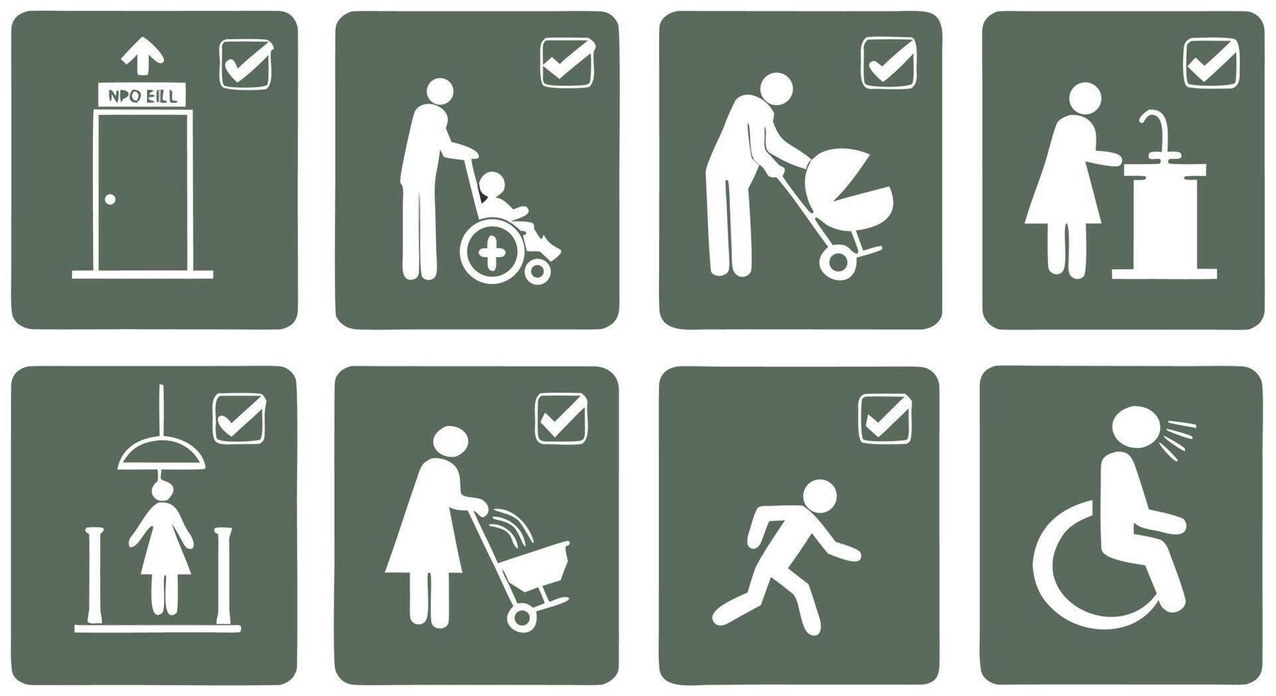 Collection of eight white pictograms on a muted green background depicting various activities and facilities vector