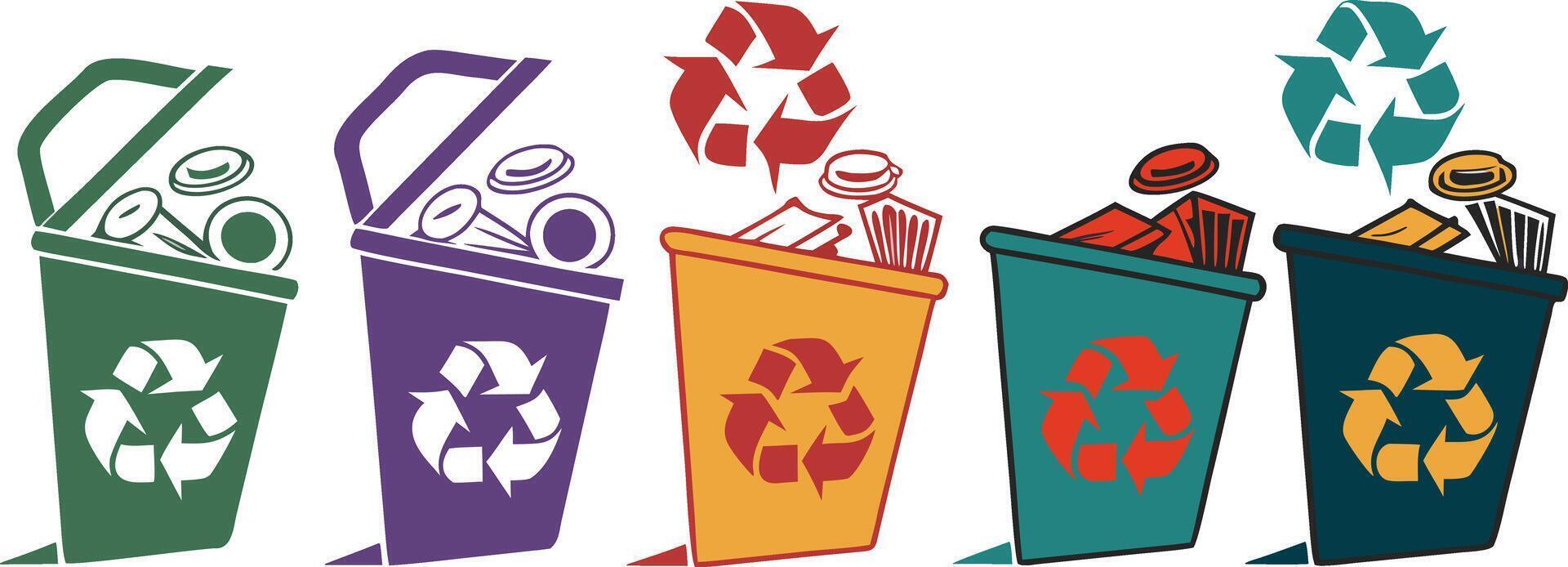 Five colorful recycling bins with recycling symbols and waste inside trash cans garbage vector