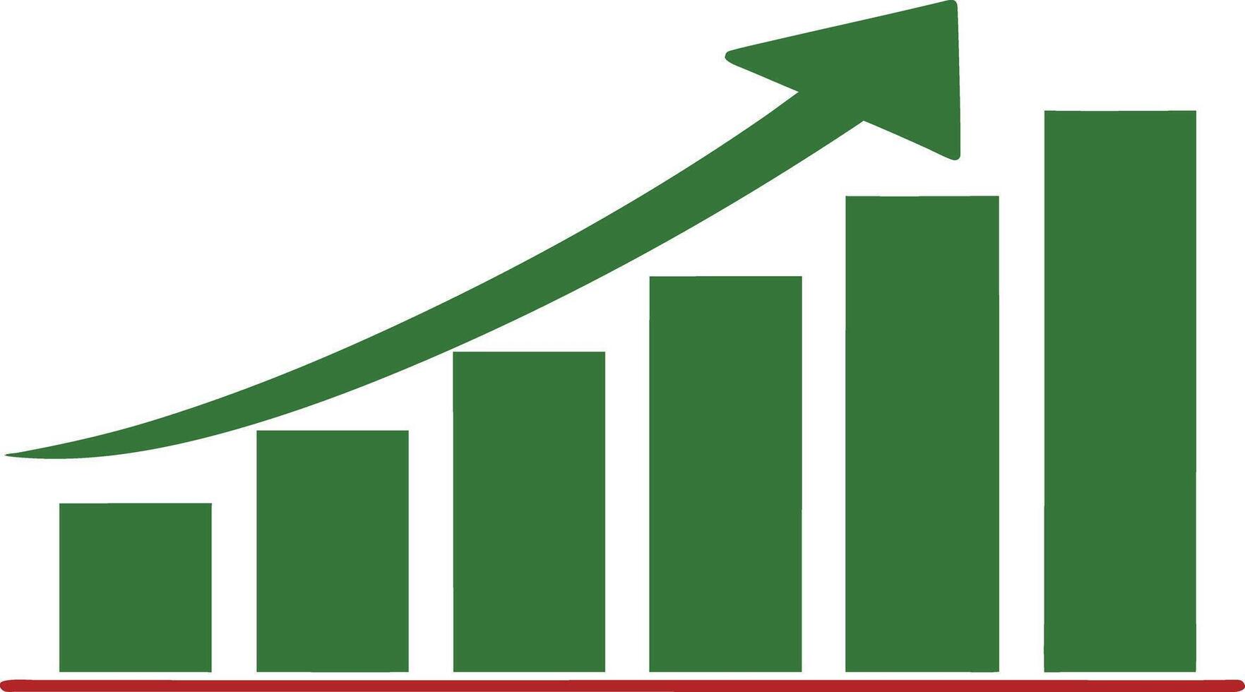 Green bar graph with upward trending arrow and red base line bar chart growth vector