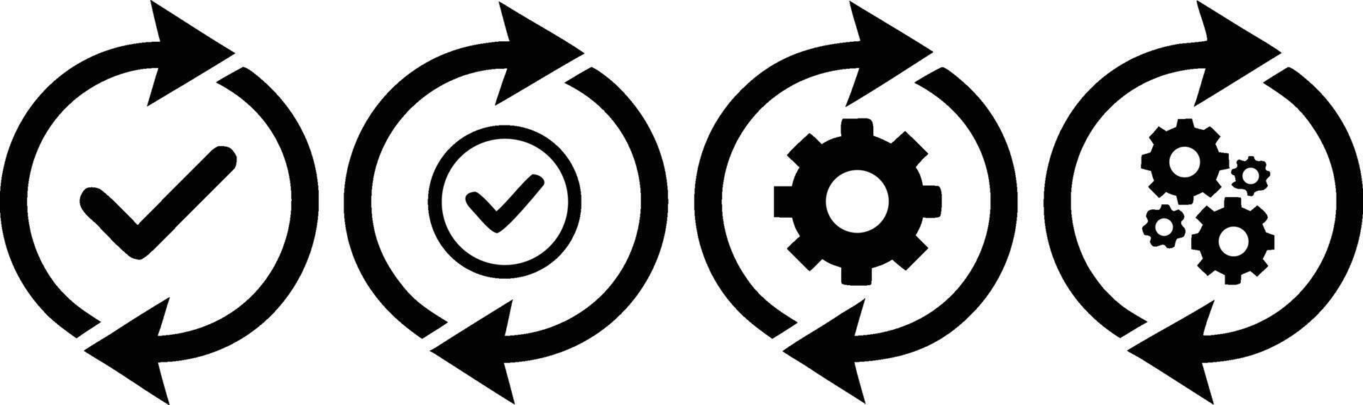 Four black circular process icons with checkmarks and gears on white background workflow vector