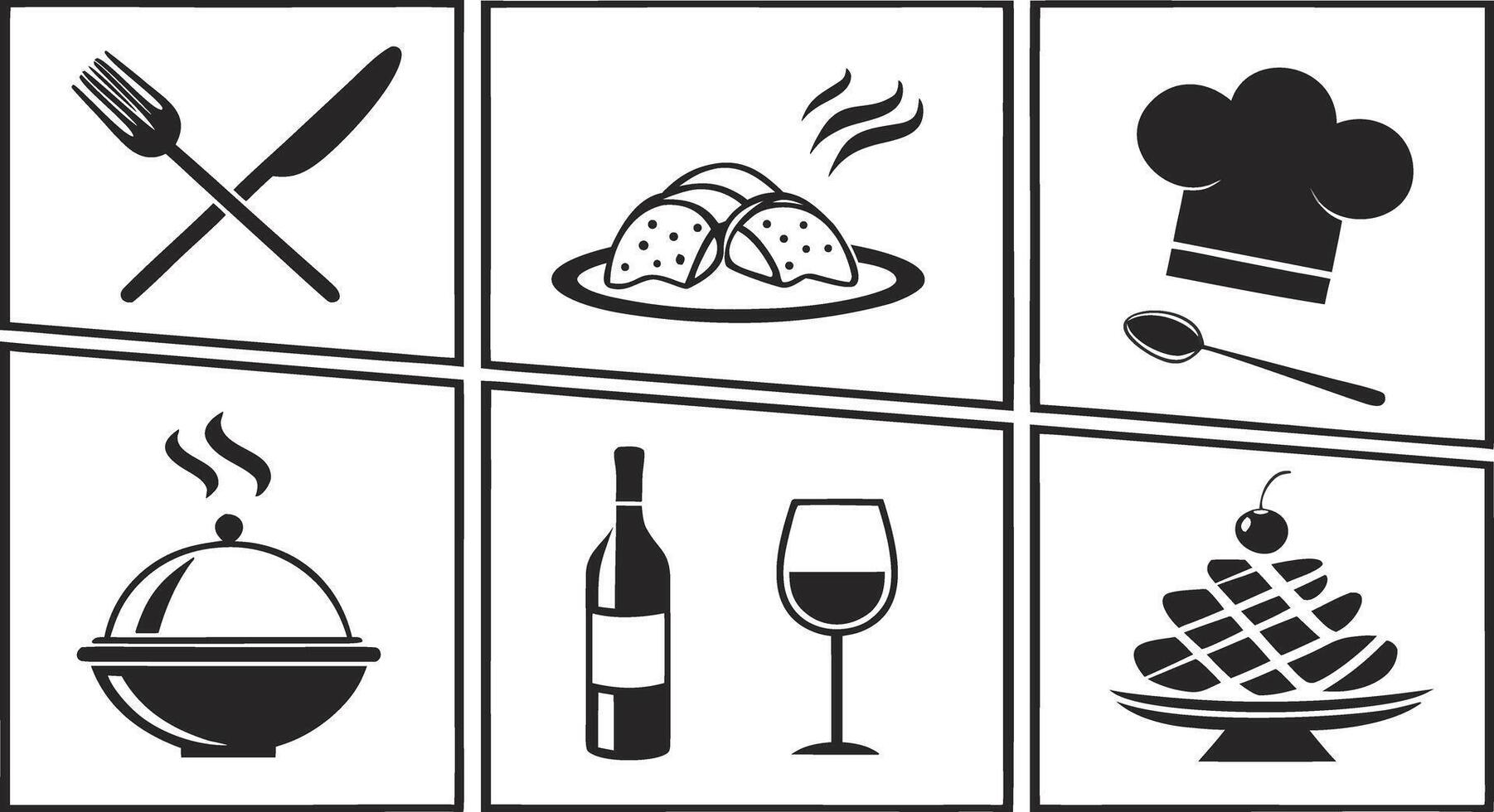 Six black and white graphic icons depicting food and dining elements fork knife vector