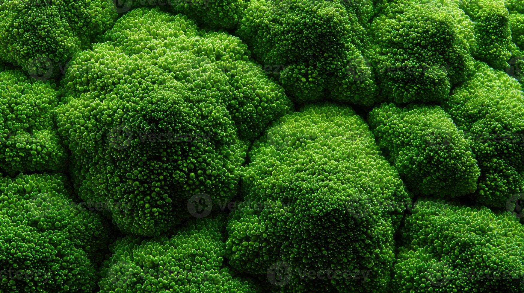Detailed Macro Shot Capturing the Intricate Texture of Broccoli, Showcasing Its Vibrant Green Hues and Abstract Patterns Against a Plain Background photo