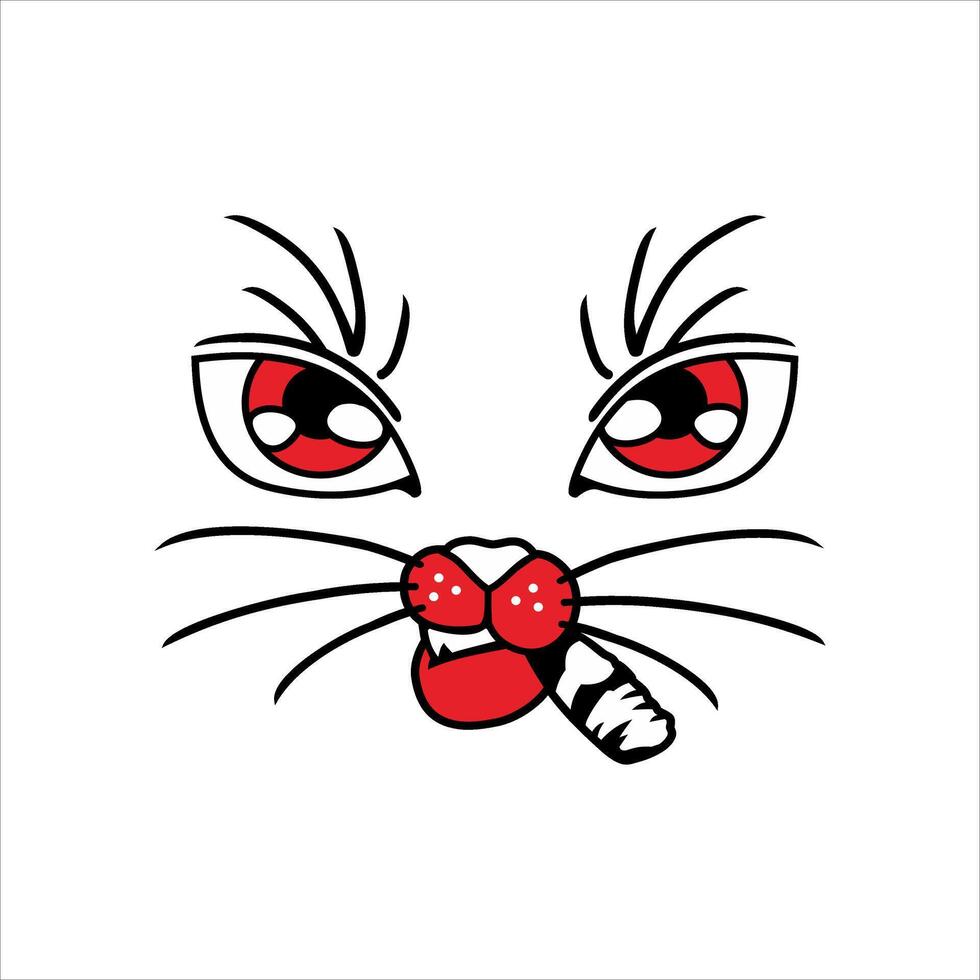 illustration of a cat face with red and cute lips on a white background vector