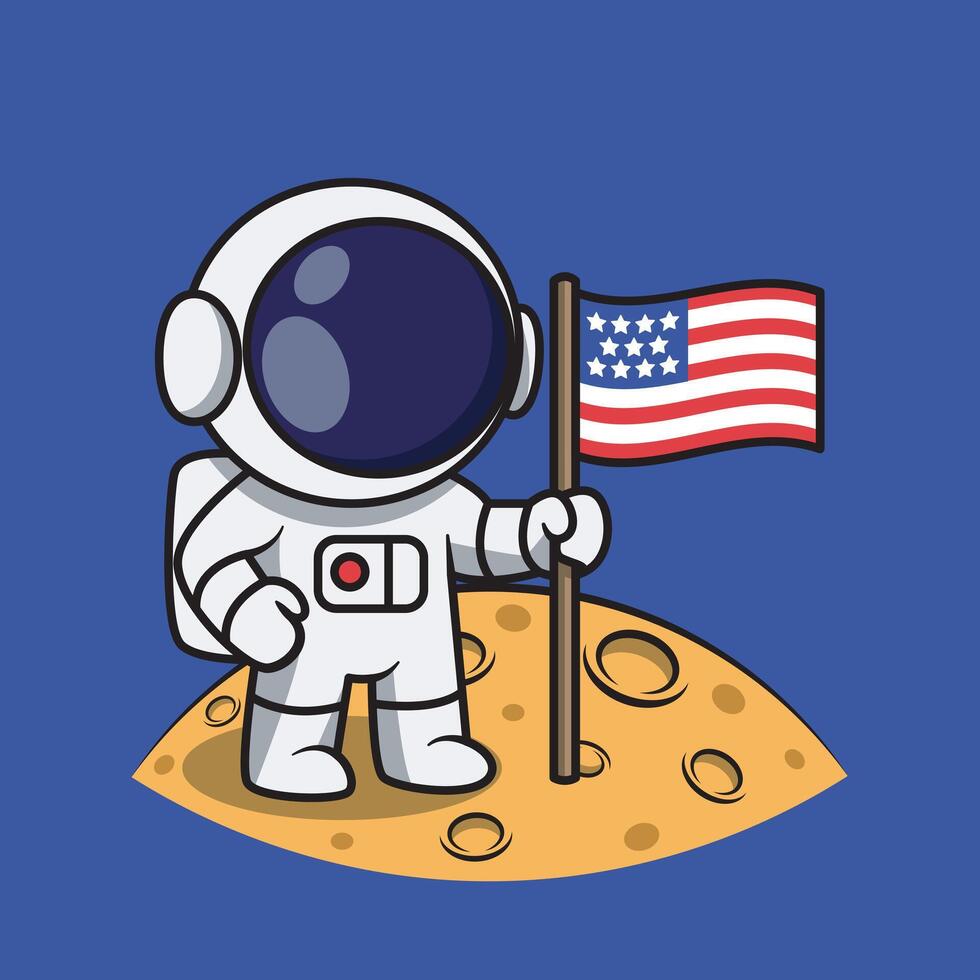 Cartoon Astronaut Holding American Flag on Moon vector