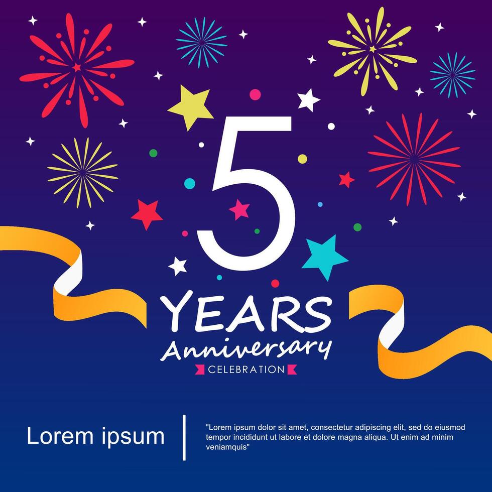 5th years anniversary celebration emblem logo isolated with ribbon, stars and fireworks sparkle twinkle. illustration template design for web, flyers, poster, invitation card, greeting card vector