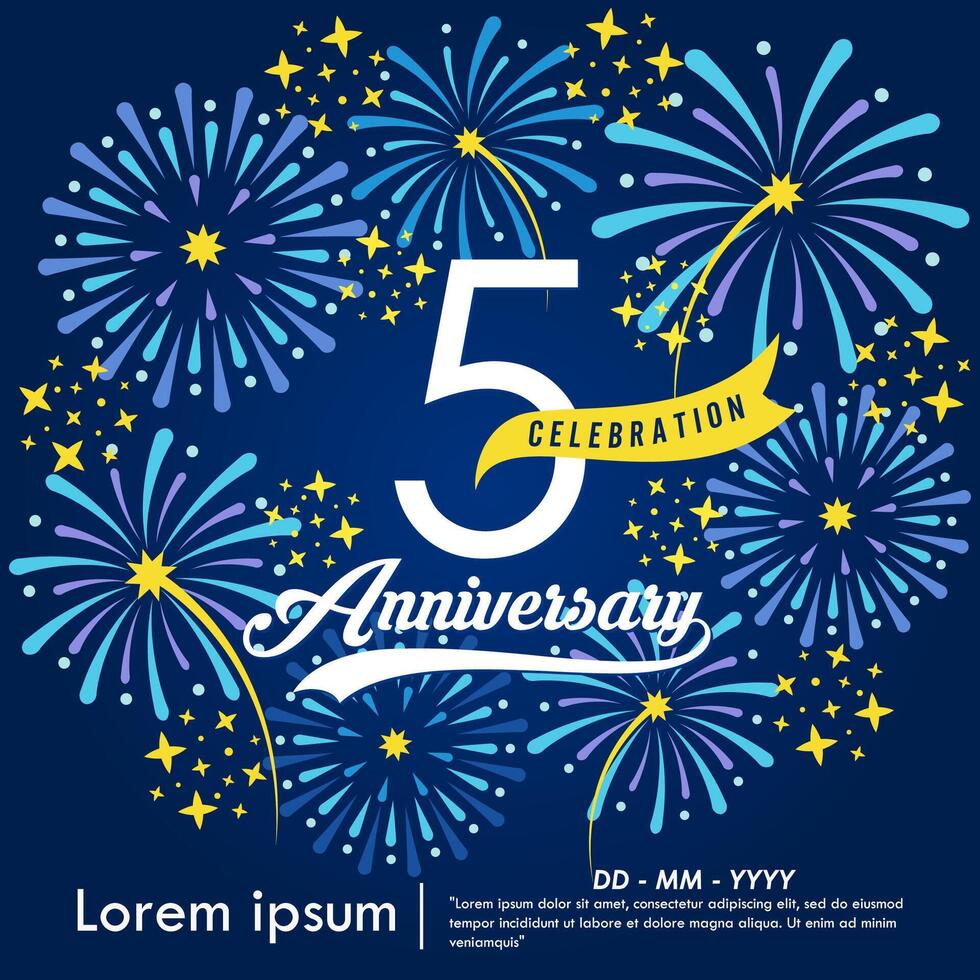 5th years anniversary celebration emblem. congratulations anniversary logo isolated with yellow ribbon and fireworks sparkle on blue background. illustration template design for web banner vector