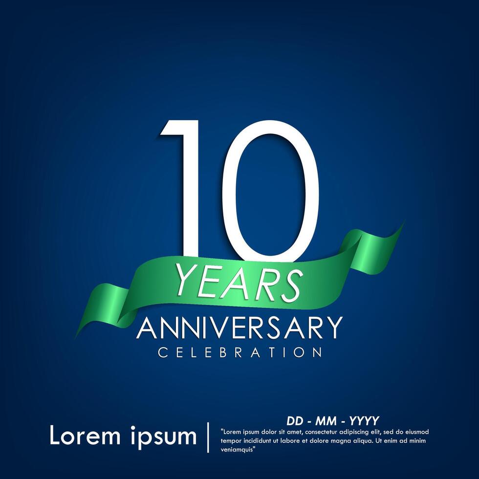 10th years anniversary celebration emblem. anniversary elegance white logo with green ribbon on blue background. template design for web, flyers, greeting and invitation card vector